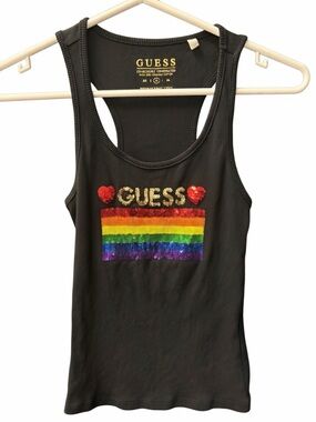 GUESS Black Ribbed Tank Top with Rainbow Sequin Stripe and Heart Accents🌈